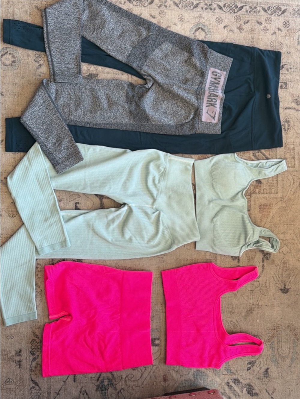 Athleta Teal, gym shark Gray, Amazon Mint & Bright Pink sets